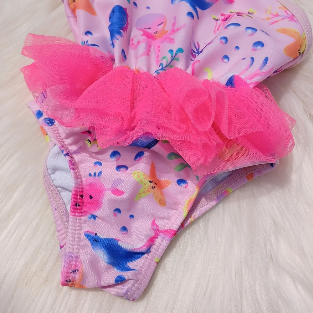 Girls size 12 months Swimsuit One Piece Pink Tulle Tutu Bathing Swim Suit Baby